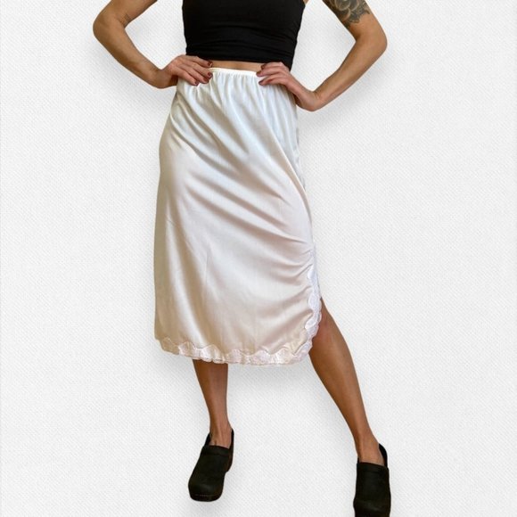 Vintage Other - Vintage Satin Coquette Midi Skirt White Semi Sheer Lace High Waist Small